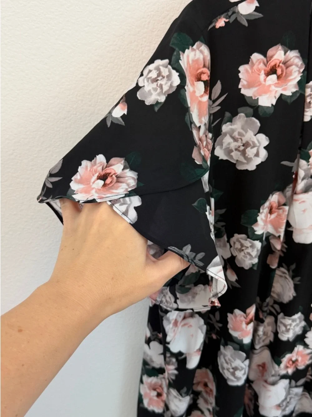 Calvin Klein Black Floral Wrap-Style Flutter Sleeve Blouse - Picture 4 of 9